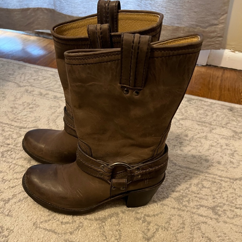 Frye Brown Leather Harness Mid-Calf Heeled Boots